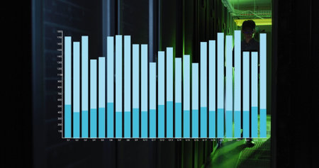 Walking dark-clothed Korean man down server aisle with chart overlay and green lights, copy space. Technology, data analysis, analytics, digital, innovation, circuit, connectivityの写真素材