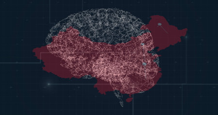 Image of brain rotating over map on black background. Science, human biology and technology concept digitally generated image.の写真素材