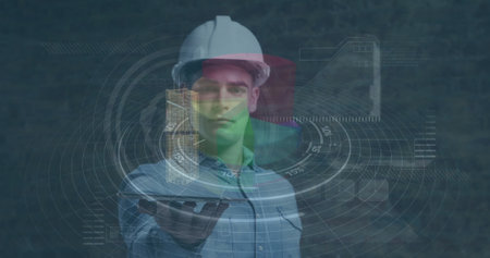 Image of data processing over caucasian engineering. Global engineering, connections and digital interface concept digitally generated image.の写真素材