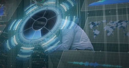 Animation of network of connections with icons over asian businesswoman in officeの写真素材