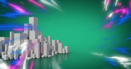 Image of blue trails over cityscape. social media and digital interface concept digitally generated image.の写真素材