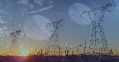 Image of statistics and data processing over electricity pylon and landscape. global energy, electricity and data processing concept digitally generated image.の写真素材