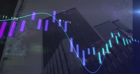 Image of financial graphs over office buildings. image of financial graphs and continue over...