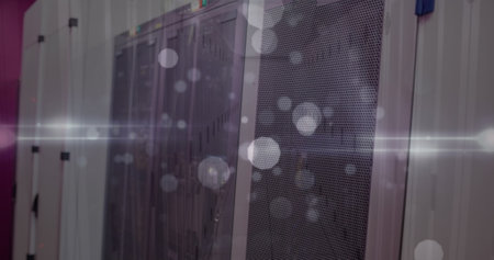 Image of lights and composition over server room. Global business digital interface technology and...