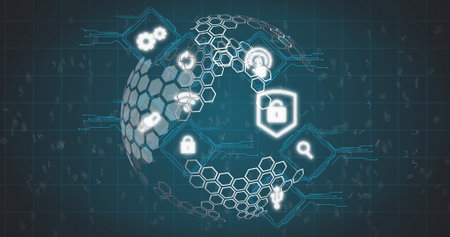 Image of globe and icons on navy background. data processing, global network and technology concept...