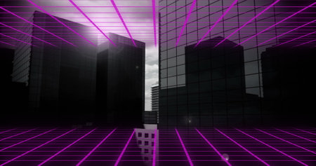 Image of purple squares over cityscape. social media and digital interface concept digitally...