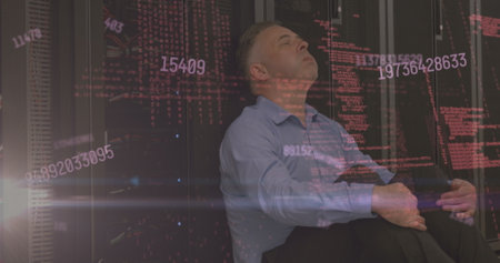 Image of text with globe and network of connections. Global digital interface technology and...