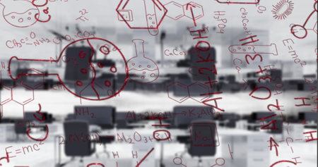 Image of chemical equations moving over shapes. Global business and digital interface concept...