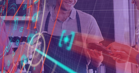 Image of neon round scanners over caucasian woman making a payment by credit card at a cafe. Business data and technology conceptの写真素材