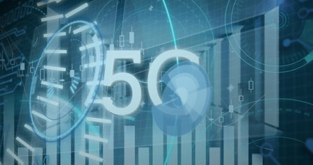 Image of 5g and data processing over servers. computers, network, data processing, communication and...