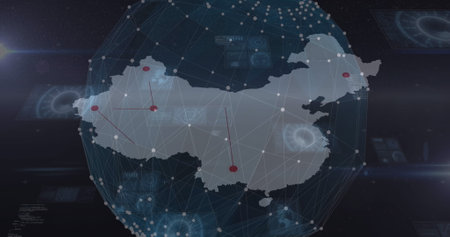 Image of globe rotating over map over screens on black background. Science, human biology and technology concept digitally generated image.の写真素材