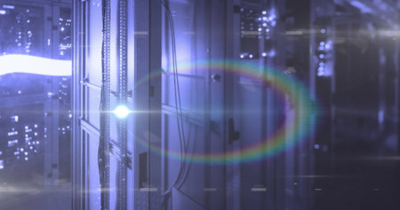 Image of light spots over server room. global business and digital interface concept digitally...