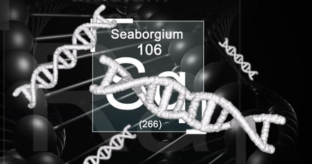 Image of elements over dna and number on black background. Science, chemistry, biology and...