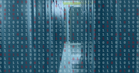 Image of data processing over server room. global technology and digital interface concept digitally...
