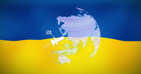 Data processing over spinning globe against waving ukraine flag in background. ukraine crisis,...