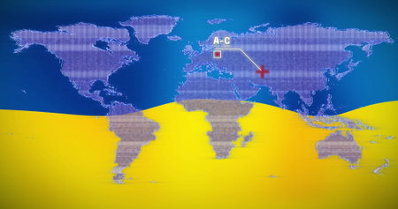 Image of world map and plane over flag of ukraine. ukraine crisis and digital interface concept...