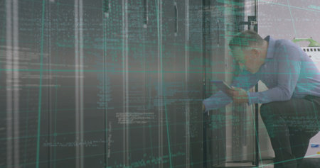 Image of financial data processing over caucasian server room worker. global business, finance and...