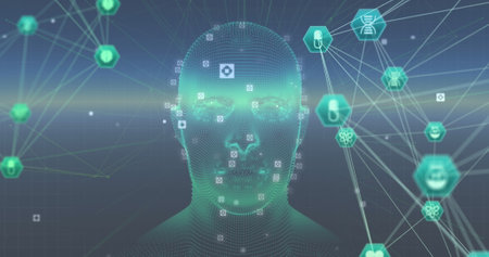 Image of network of connections over human head model. Global science, connections, data processing...