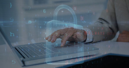 Image of binary coding data processing over man using laptop. Global business digital interface...