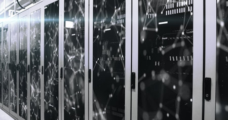 Image of green shapes moving over servers. Global data processing digital interface and technology...