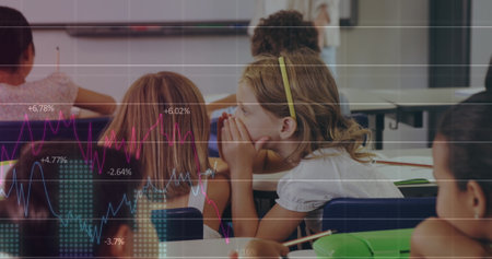 Image of financial data processing over diverse group of pupils. education and learning concept...
