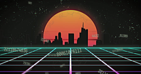Image of falling numbers over grid and cityacape. global connections, data processing and digital...