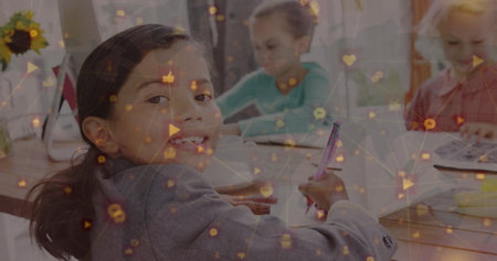 Image of network of connections over diverse group of pupils. education and learning concept digitally generated image.の写真素材