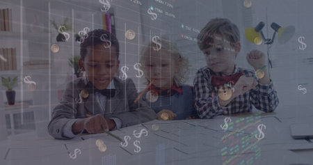 Sketching three children using colored pencils on desk maze diagram in playroom, with finance icons. Educational, teamwork, creative, playful, colorful, youthful, collaborativeの写真素材