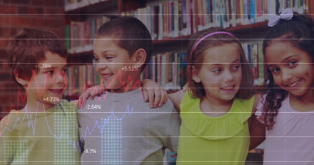 Image of financial data processing over diverse group of pupils. education and learning concept...