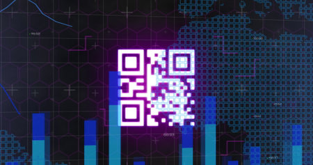Image of neon qr code with clock over data processing. Global technology and computing concept...