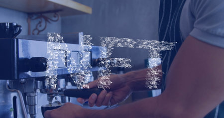 Image of hands of male bartender preparing coffee. Digital resources, wireless payments and business...