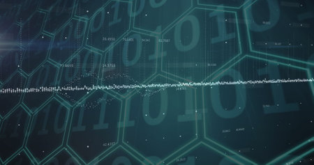 Image of financial data processing over dark background. Global business, finances, data processing...