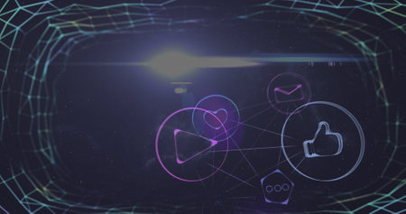 Image of network of connections over blue background. Global connections networks and data...