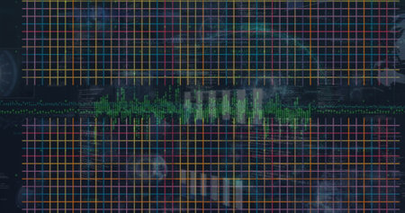 Image of financial data processing over dark background. global business, finances, data processing and digital interface concept digitally generated image.の写真素材
