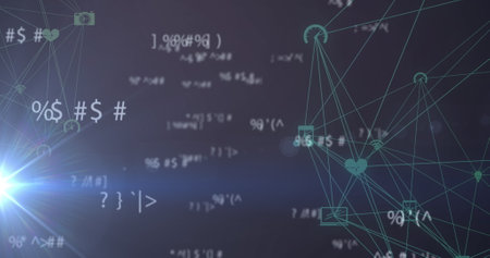 Multiple changing mathematical symbols and spot of light over two globes of digital icons spinning. Global networking and technology conceptの写真素材