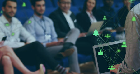 Image of data processing over diverse business people at meeting. Global business and digital...