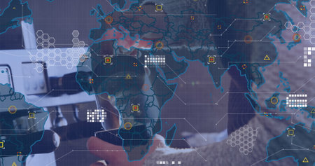 Image of data processing and world map over mid section of male barista preparing coffee at cafe....