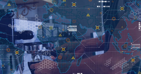 Image of digital interface over barista is making coffee. Global connections, data processing and...