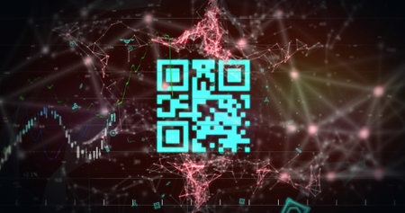 Image of network of connections on black background. Global connections networking and digital interface concept digitally generated image.の写真素材