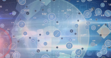 Image of data processing and icons over blue background. Global science, connections, data...