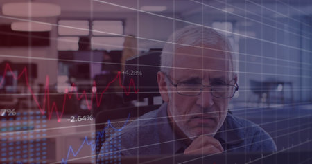 Image of data processing over caucasian businessman thinking. Global business and digital interface...