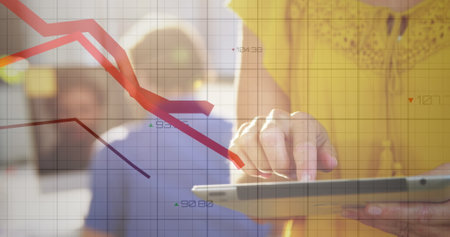 Image of data processing over caucasian businesswoman with tablet. Global business and digital...