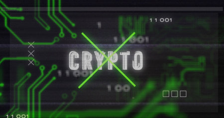 Image of data processing over crypto text. Global business and digital interface concept digitally generated image.の写真素材