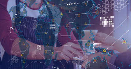 Image of digital interface over barista is making coffee. Global connections, data processing and...