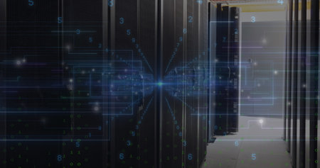 Image of data processing over server room. Global business and digital interface concept digitally...