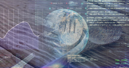 Image of financial data processing over globe. Global connections, data processing and digital...