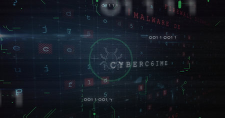 Image of cyber crime, scanning and virus on black background. internet safety, data security and technology concept digitally generated image.の写真素材