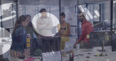 Image of data processing over people working in warehouse. Logistics and transportation business concept.の写真素材