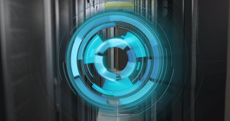 Image of scope scanning and data processing over server room. Global business and digital interface concept digitally generated image.の写真素材