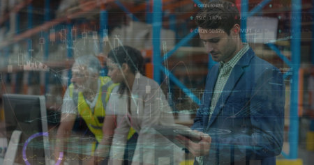 Image of data processing over caucasian male supervisors using digital tablet at warehouse....